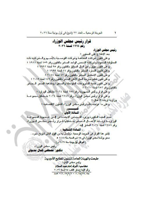 مجلس الوزراء يصدر قرارًا بانضمام وزيرة التضامن إلى مجموعة ريادة الأعمال
